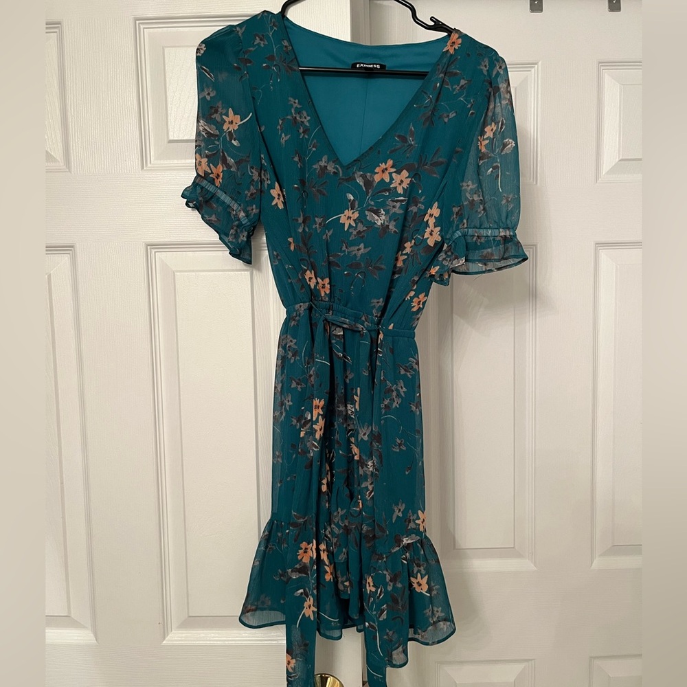 Express Floral Teal Tie Dress